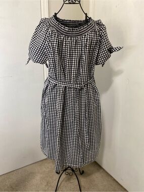 Terra Sky Women 1X Gingham Peasant Dress Black White Tie Sleeve Cotton